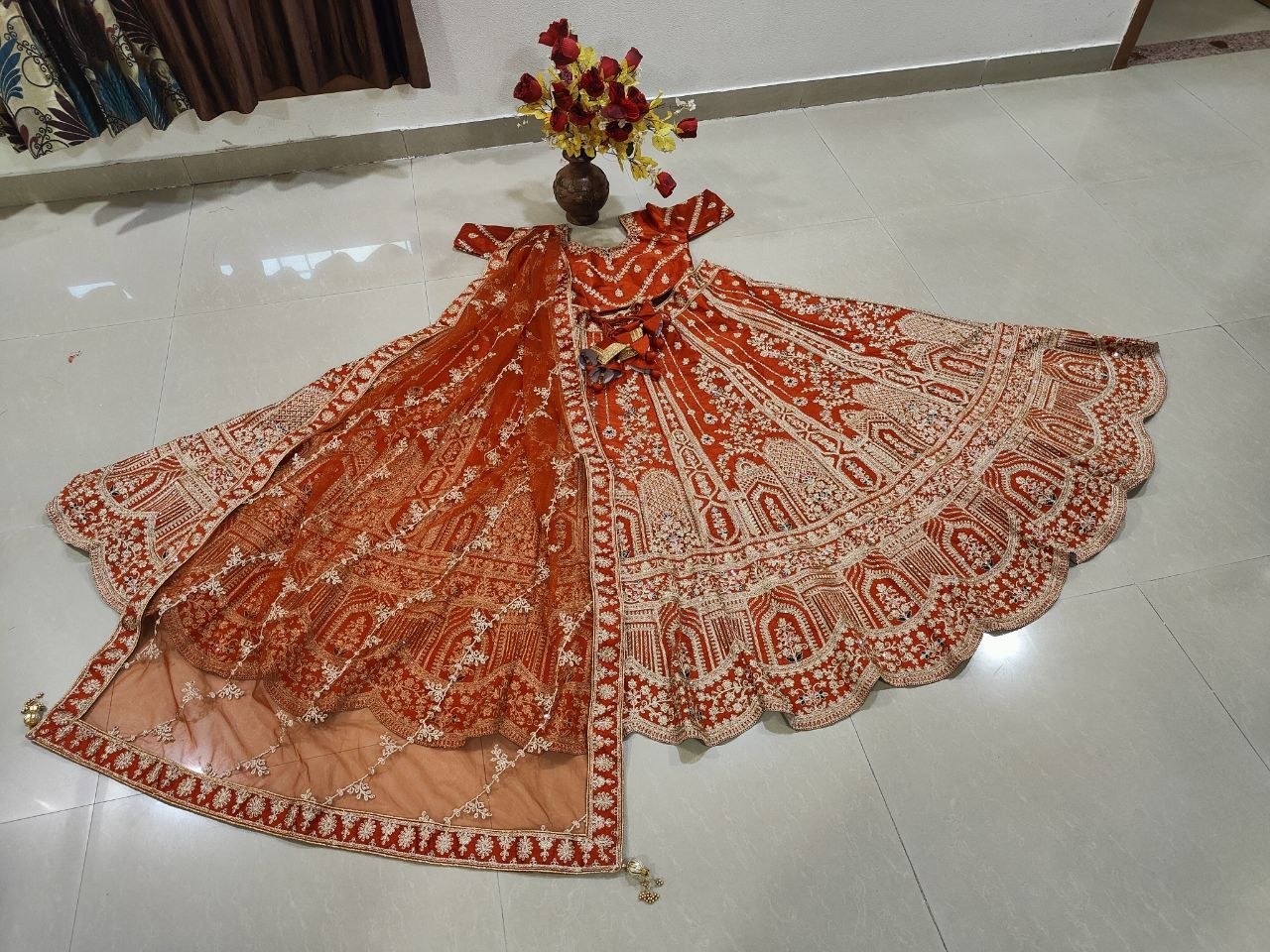 Rust Orange Royal Silk Bridal Lehenga ClothsVilla