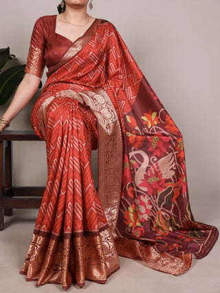 Rust Orange Tasar Silk Printed Saree ClothsVilla