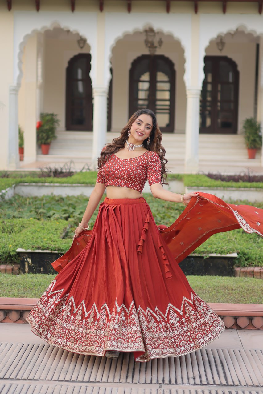 Rust Orange Vichitra Silk Embroidered Lehenga Choli with Designer Dupatta Stitched Lehenga with Canvas Flair & Latkan ClothsVilla