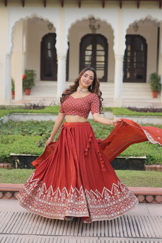 Rust Orange Vichitra Silk Embroidered Lehenga Choli with Designer Dupatta Stitched Lehenga with Canvas Flair & Latkan ClothsVilla