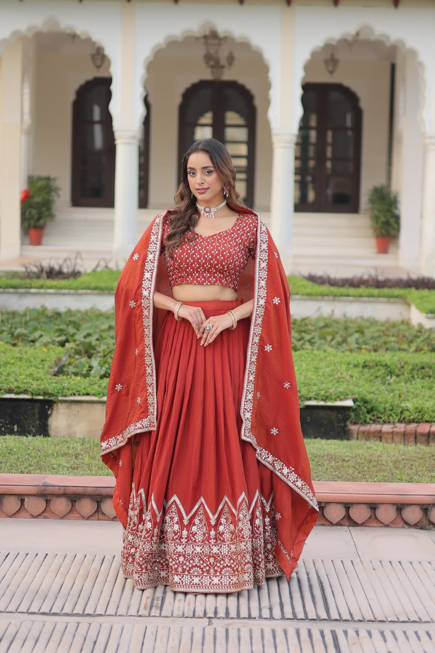 Rust Orange Vichitra Silk Embroidered Lehenga Choli with Designer Dupatta Stitched Lehenga with Canvas Flair & Latkan ClothsVilla