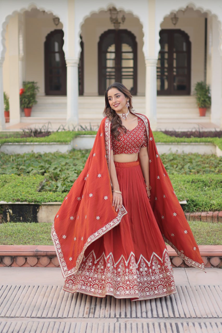 Rust Orange Vichitra Silk Embroidered Lehenga Choli with Designer Dupatta Stitched Lehenga with Canvas Flair & Latkan ClothsVilla