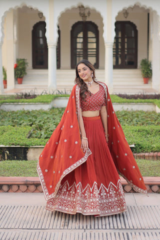 Rust Orange Vichitra Silk Embroidered Lehenga Choli with Designer Dupatta Stitched Lehenga with Canvas Flair & Latkan ClothsVilla