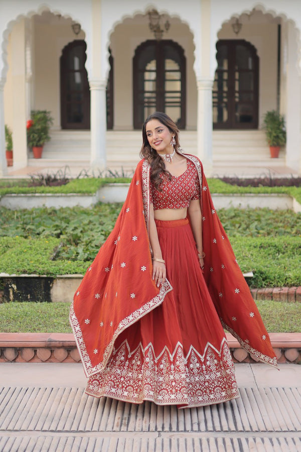 Rust Orange Vichitra Silk Embroidered Lehenga Choli with Designer Dupatta Stitched Lehenga with Canvas Flair & Latkan ClothsVilla