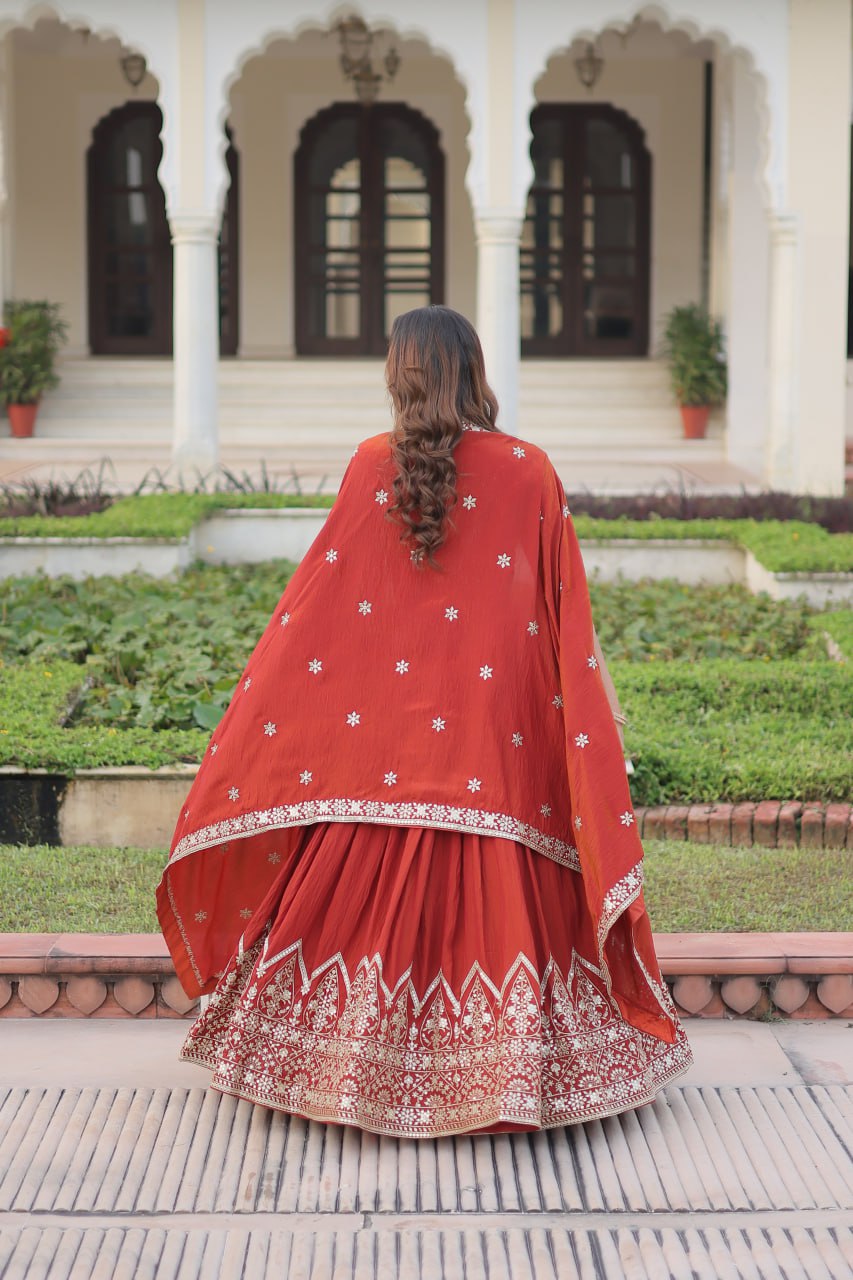 Rust Orange Vichitra Silk Embroidered Lehenga Choli with Designer Dupatta Stitched Lehenga with Canvas Flair & Latkan ClothsVilla