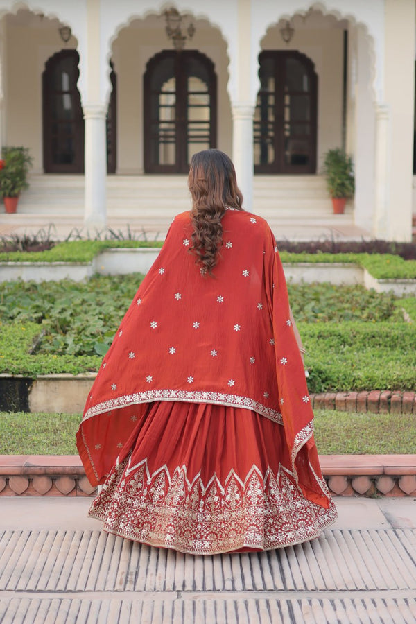Rust Orange Vichitra Silk Embroidered Lehenga Choli with Designer Dupatta Stitched Lehenga with Canvas Flair & Latkan ClothsVilla