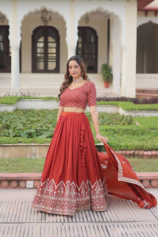 Rust Orange Vichitra Silk Embroidered Lehenga Choli with Designer Dupatta Stitched Lehenga with Canvas Flair & Latkan ClothsVilla