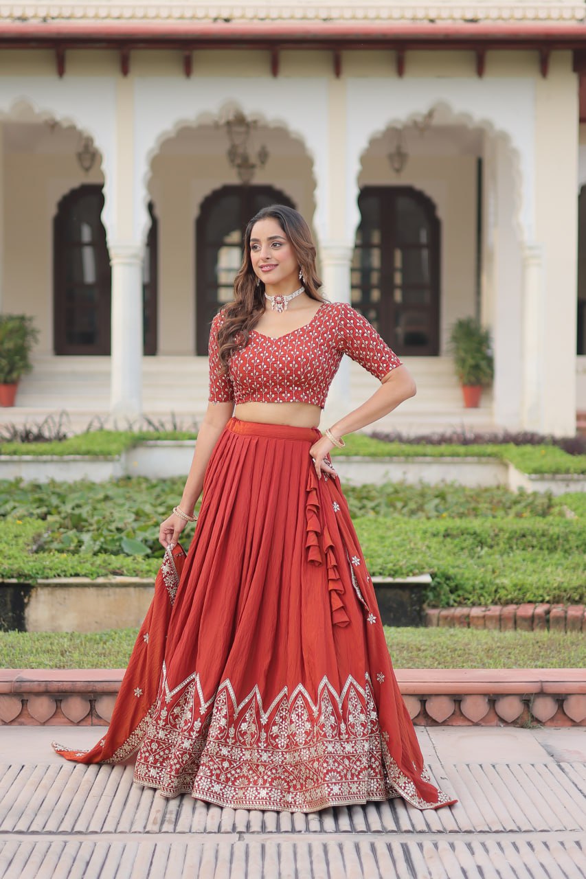 Rust Orange Vichitra Silk Embroidered Lehenga Choli with Designer Dupatta Stitched Lehenga with Canvas Flair & Latkan ClothsVilla