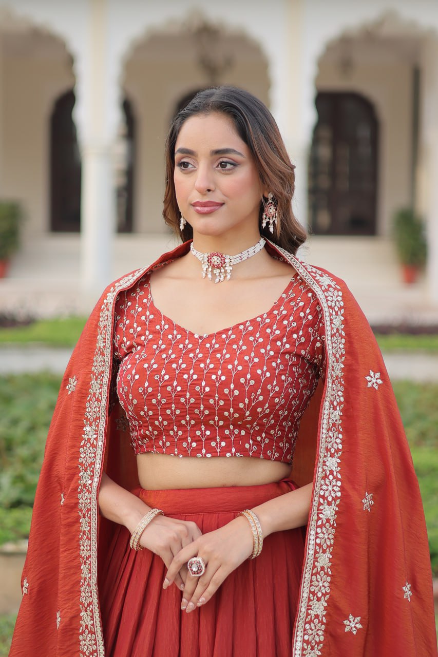 Rust Orange Vichitra Silk Embroidered Lehenga Choli with Designer Dupatta Stitched Lehenga with Canvas Flair & Latkan ClothsVilla