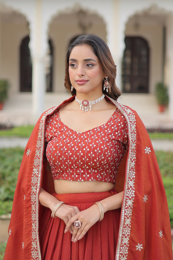 Rust Orange Vichitra Silk Embroidered Lehenga Choli with Designer Dupatta Stitched Lehenga with Canvas Flair & Latkan ClothsVilla