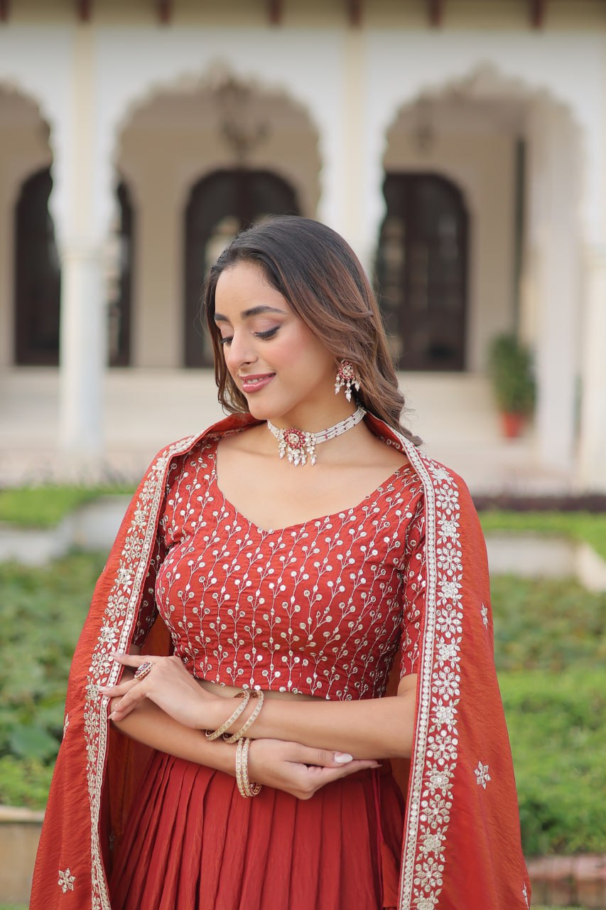 Rust Orange Vichitra Silk Embroidered Lehenga Choli with Designer Dupatta Stitched Lehenga with Canvas Flair & Latkan ClothsVilla