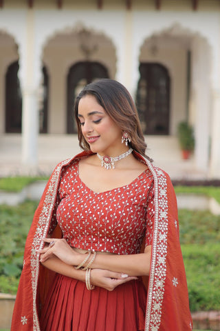 Rust Orange Vichitra Silk Embroidered Lehenga Choli with Designer Dupatta Stitched Lehenga with Canvas Flair & Latkan ClothsVilla