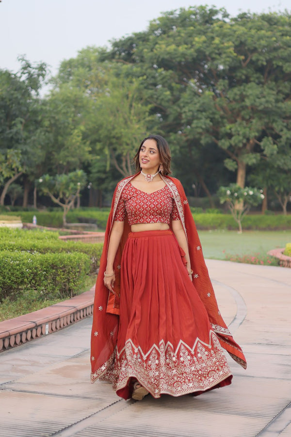 Rust Orange Vichitra Silk Embroidered Lehenga Choli with Designer Dupatta Stitched Lehenga with Canvas Flair & Latkan ClothsVilla