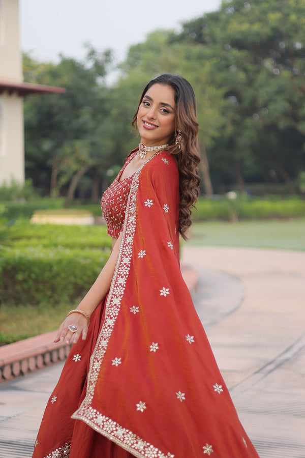 Rust Orange Vichitra Silk Embroidered Lehenga Choli with Designer Dupatta Stitched Lehenga with Canvas Flair & Latkan ClothsVilla
