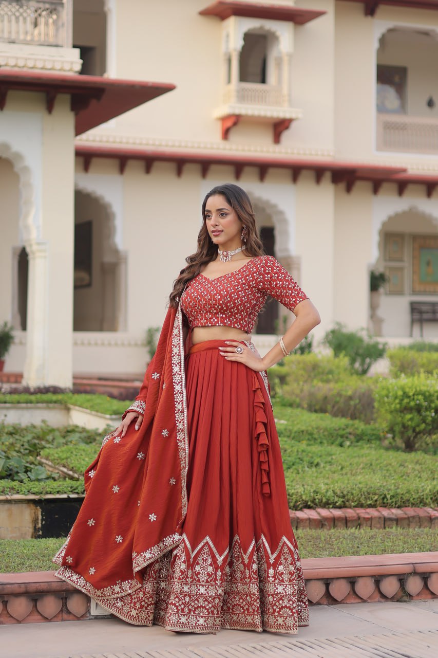 Rust Orange Vichitra Silk Embroidered Lehenga Choli with Designer Dupatta Stitched Lehenga with Canvas Flair & Latkan ClothsVilla