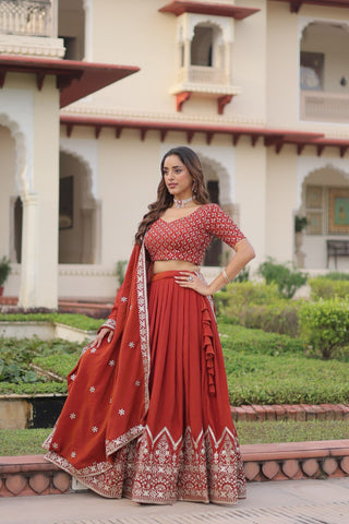 Rust Orange Vichitra Silk Embroidered Lehenga Choli with Designer Dupatta Stitched Lehenga with Canvas Flair & Latkan ClothsVilla