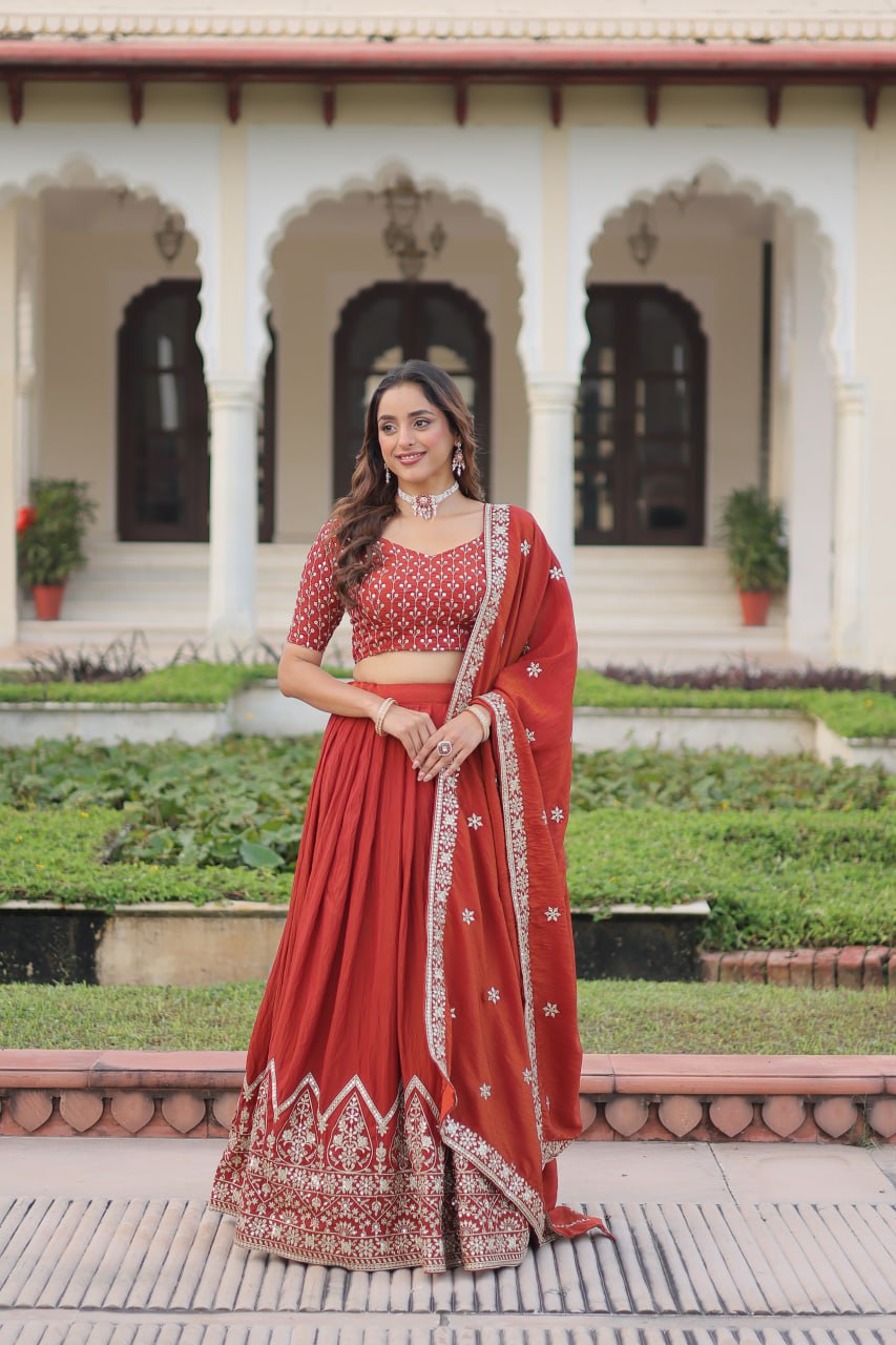 Rust Orange Vichitra Silk Embroidered Lehenga Choli with Designer Dupatta Stitched Lehenga with Canvas Flair & Latkan ClothsVilla