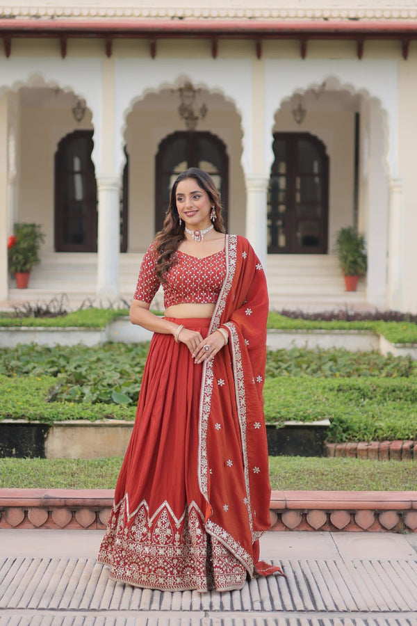 Rust Orange Vichitra Silk Embroidered Lehenga Choli with Designer Dupatta Stitched Lehenga with Canvas Flair & Latkan ClothsVilla