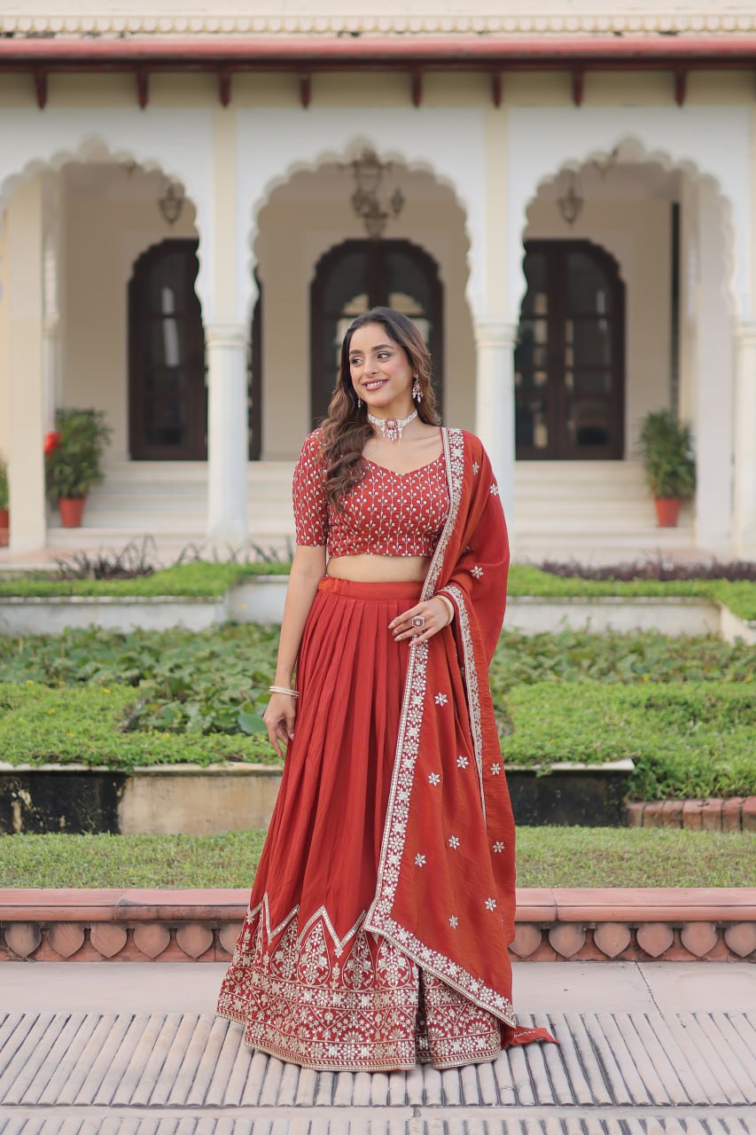 Rust Orange Vichitra Silk Embroidered Lehenga Choli with Designer Dupatta Stitched Lehenga with Canvas Flair & Latkan ClothsVilla