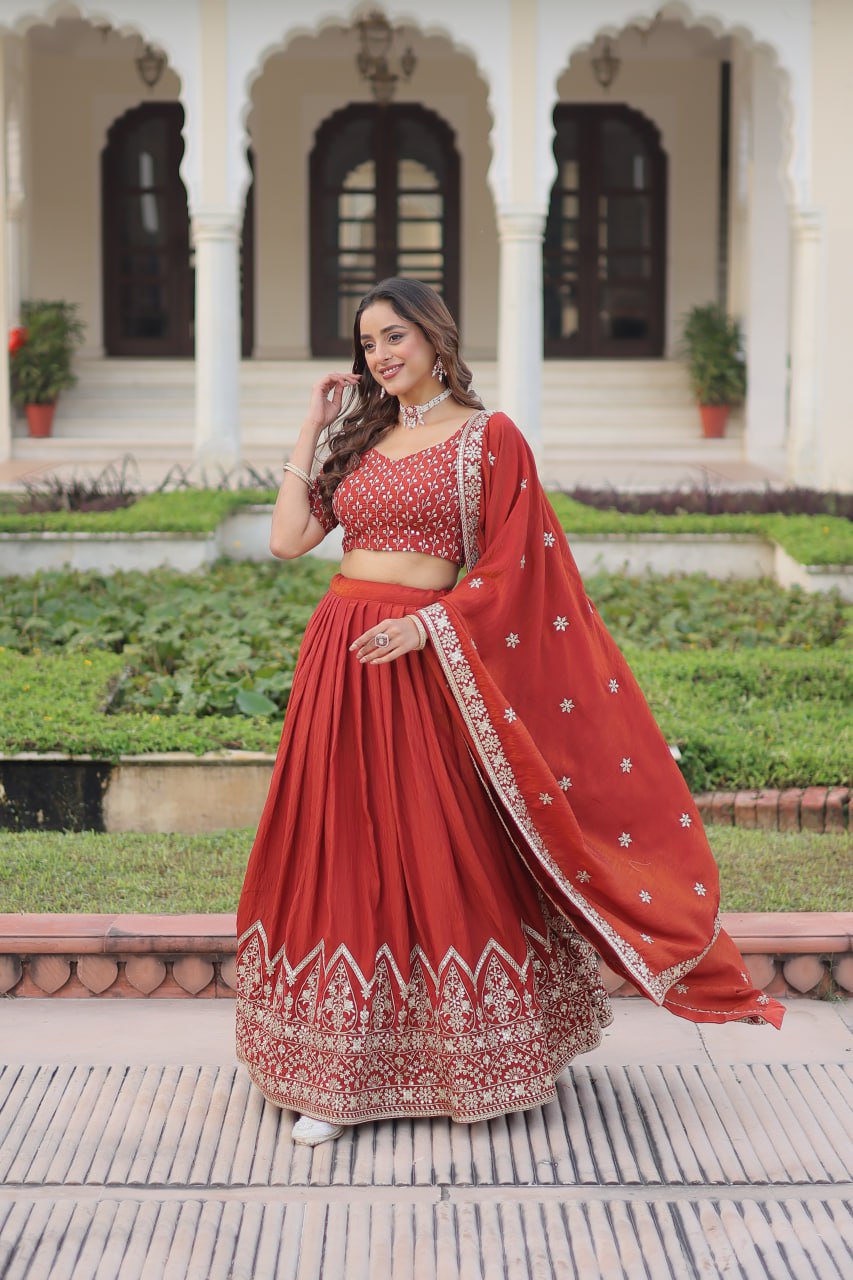 Rust Orange Vichitra Silk Embroidered Lehenga Choli with Designer Dupatta Stitched Lehenga with Canvas Flair & Latkan ClothsVilla