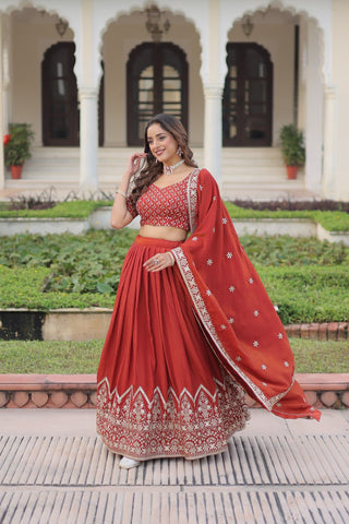 Rust Orange Vichitra Silk Embroidered Lehenga Choli with Designer Dupatta Stitched Lehenga with Canvas Flair & Latkan ClothsVilla