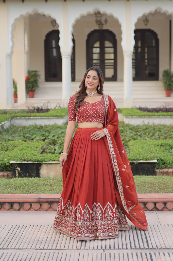 Rust Orange Vichitra Silk Embroidered Lehenga Choli with Designer Dupatta Stitched Lehenga with Canvas Flair & Latkan ClothsVilla
