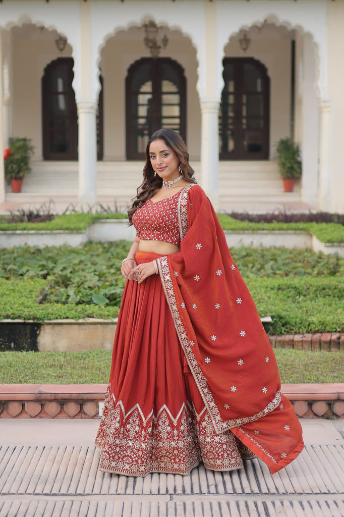 Rust Orange Vichitra Silk Embroidered Lehenga Choli with Designer Dupatta Stitched Lehenga with Canvas Flair & Latkan ClothsVilla