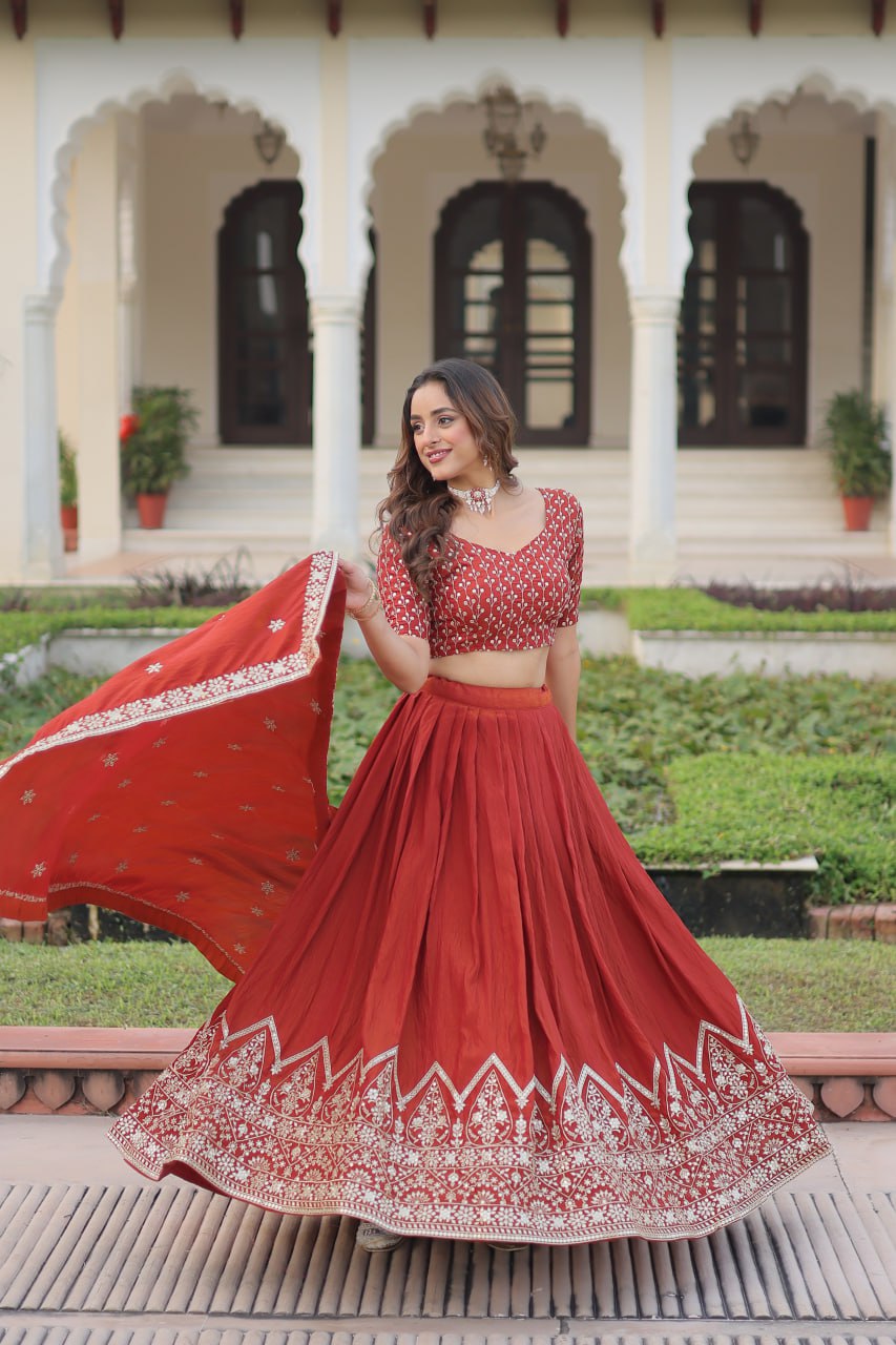 Rust Orange Vichitra Silk Embroidered Lehenga Choli with Designer Dupatta Stitched Lehenga with Canvas Flair & Latkan ClothsVilla
