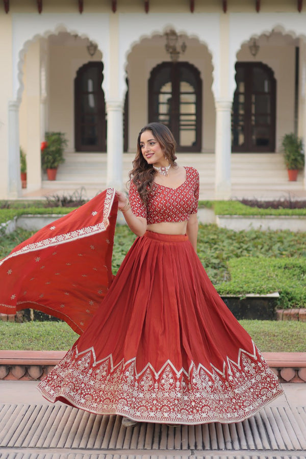 Rust Orange Vichitra Silk Embroidered Lehenga Choli with Designer Dupatta Stitched Lehenga with Canvas Flair & Latkan ClothsVilla