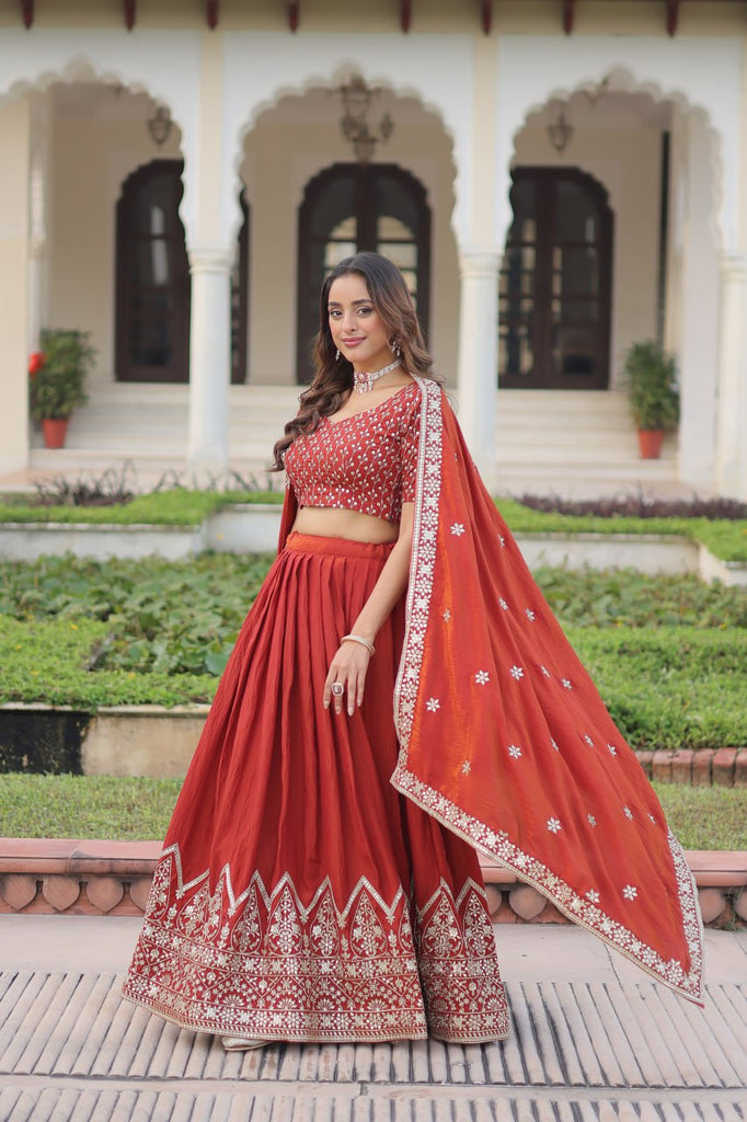 Rust Orange Vichitra Silk Embroidered Lehenga Choli with Designer Dupatta Stitched Lehenga with Canvas Flair & Latkan ClothsVilla