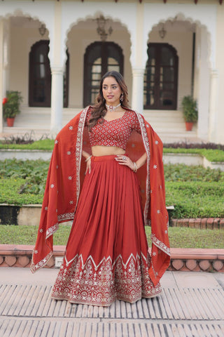 Rust Orange Vichitra Silk Embroidered Lehenga Choli with Designer Dupatta Stitched Lehenga with Canvas Flair & Latkan ClothsVilla