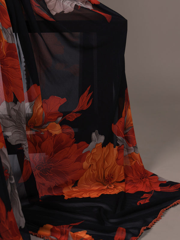 Rust Orange Weightless Marbal Floral Printed Saree with Lace Border & Unstitched Banglory Plain Blouse ClothsVilla