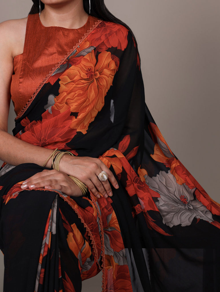 Rust Orange Weightless Marbal Floral Printed Saree with Lace Border & Unstitched Banglory Plain Blouse ClothsVilla