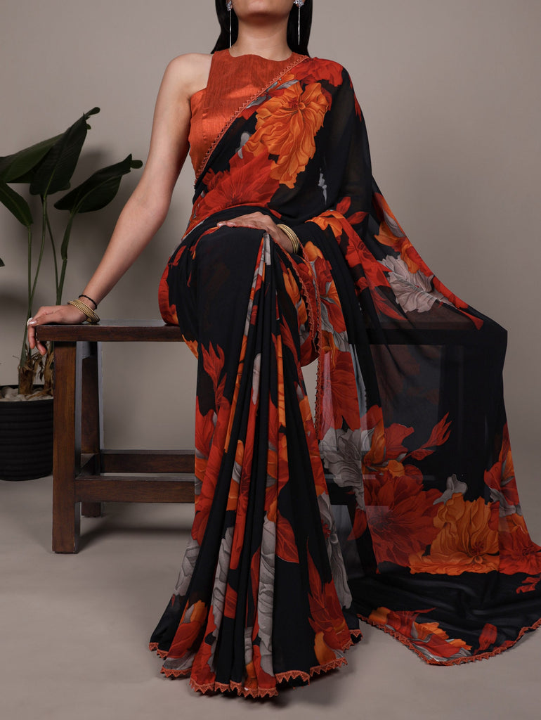 Rust Orange Weightless Marbal Floral Printed Saree with Lace Border & Unstitched Banglory Plain Blouse ClothsVilla