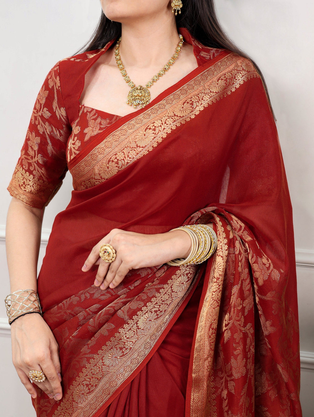 Rust Poly Cotton Saree ClothsVilla