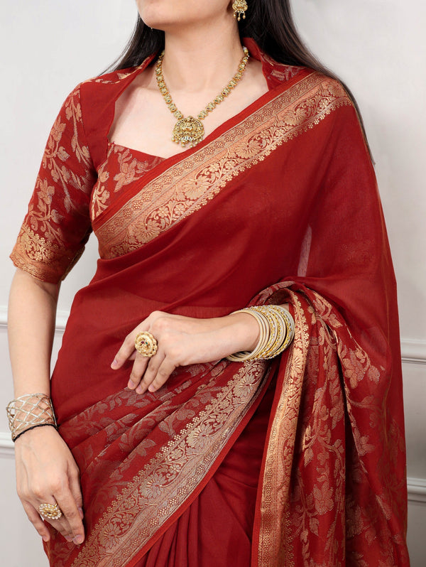 Rust Poly Cotton Saree ClothsVilla