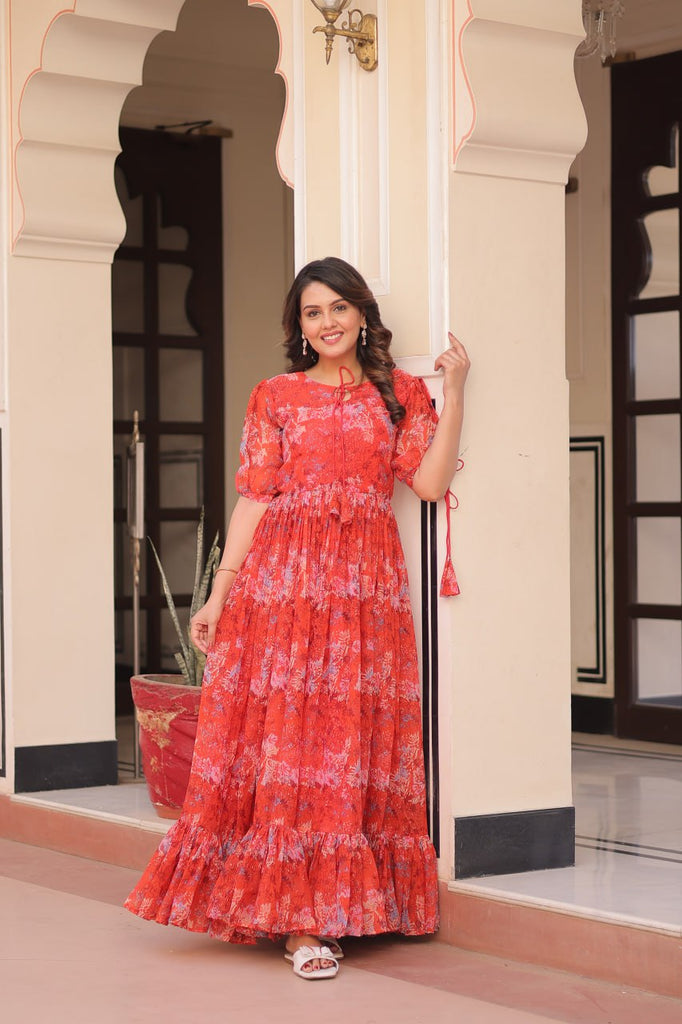 Rust Printed Faux Georgette Anarkali Gown with 7-Meter Flair and Bell Sleeves ClothsVilla