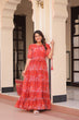 Load image into Gallery viewer, Rust Printed Faux Georgette Anarkali Gown with 7-Meter Flair and Bell Sleeves ClothsVilla