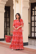Load image into Gallery viewer, Rust Printed Faux Georgette Anarkali Gown with 7-Meter Flair and Bell Sleeves ClothsVilla