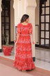 Load image into Gallery viewer, Rust Printed Faux Georgette Anarkali Gown with 7-Meter Flair and Bell Sleeves ClothsVilla