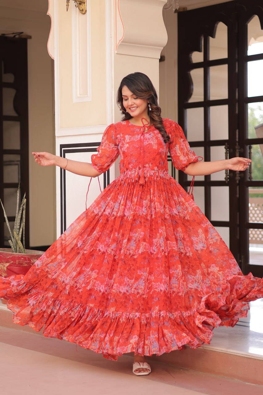 Rust Printed Faux Georgette Anarkali Gown with 7-Meter Flair and Bell Sleeves ClothsVilla