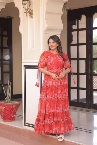 Rust Printed Faux Georgette Anarkali Gown with 7-Meter Flair and Bell Sleeves ClothsVilla