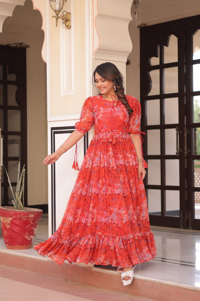 Rust Printed Faux Georgette Anarkali Gown with 7-Meter Flair and Bell Sleeves ClothsVilla