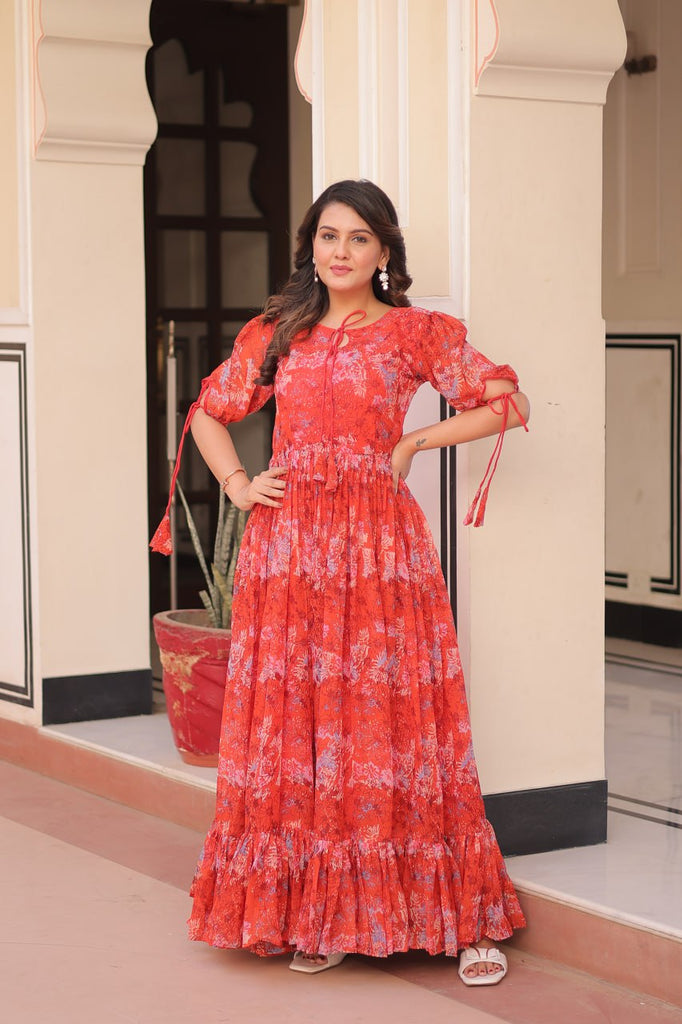Rust Printed Faux Georgette Anarkali Gown with 7-Meter Flair and Bell Sleeves ClothsVilla
