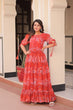 Load image into Gallery viewer, Rust Printed Faux Georgette Anarkali Gown with 7-Meter Flair and Bell Sleeves ClothsVilla