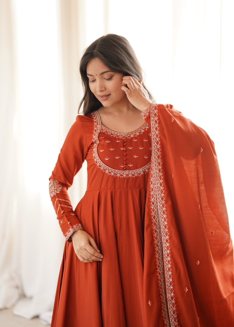 Rust Roman Chanderi Anarkali Pant Set ClothsVilla