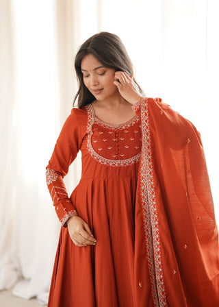 Rust Roman Chanderi Anarkali Pant Set ClothsVilla
