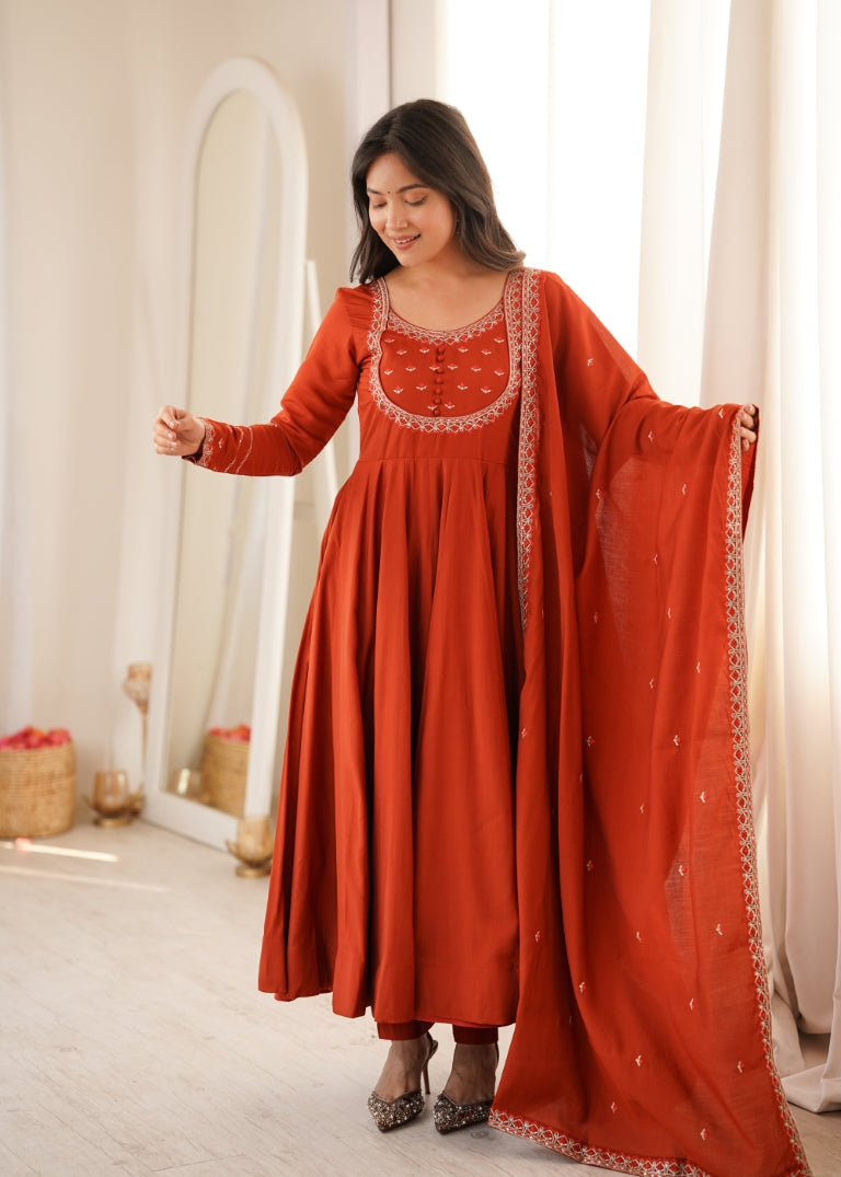 Rust Roman Chanderi Anarkali Pant Set ClothsVilla