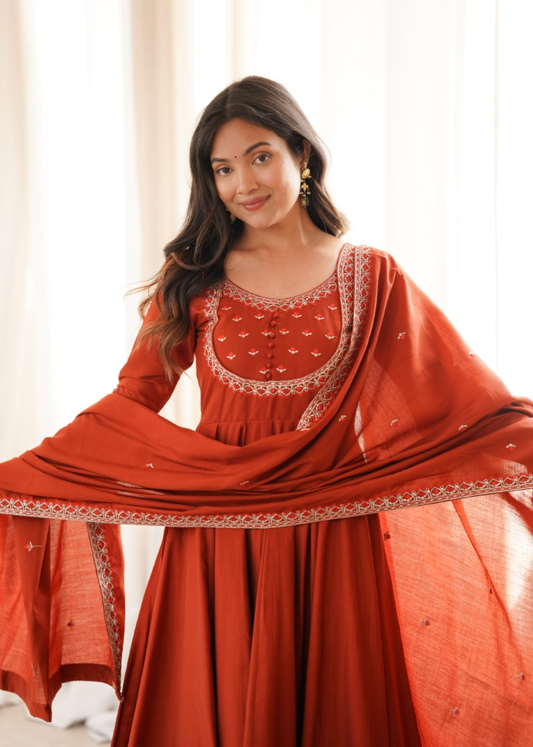 Rust Roman Chanderi Anarkali Pant Set ClothsVilla