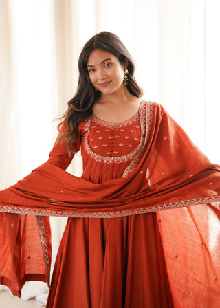Rust Roman Chanderi Anarkali Pant Set ClothsVilla